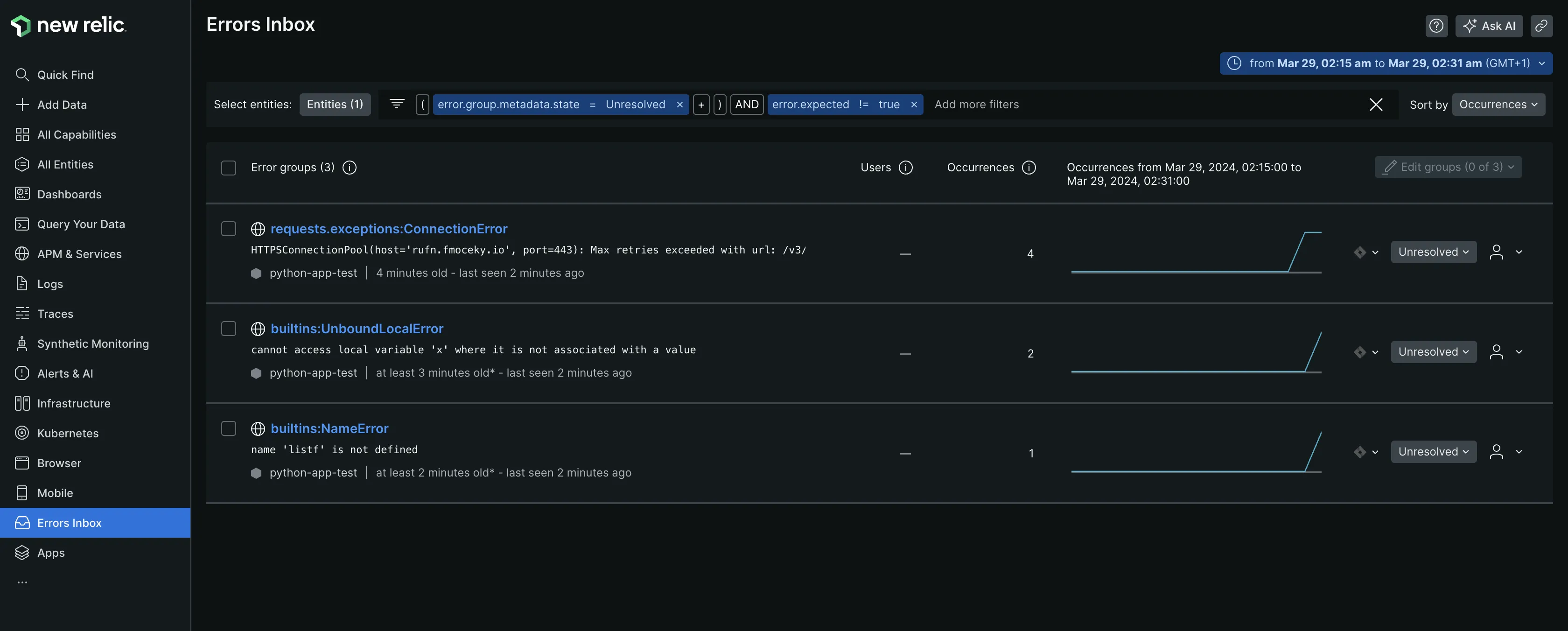 Errors Inbox in New Relic