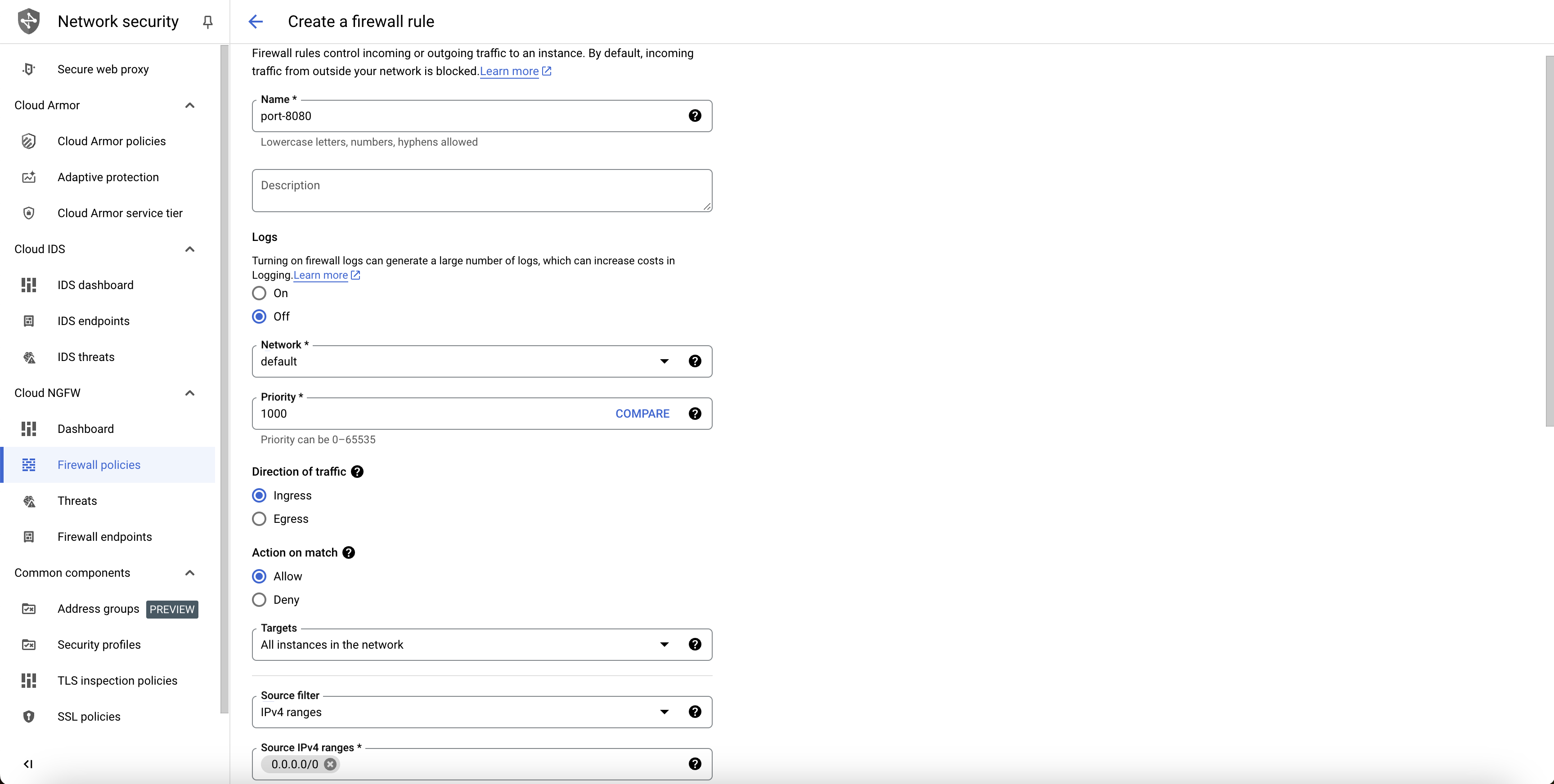 Create firewall rule