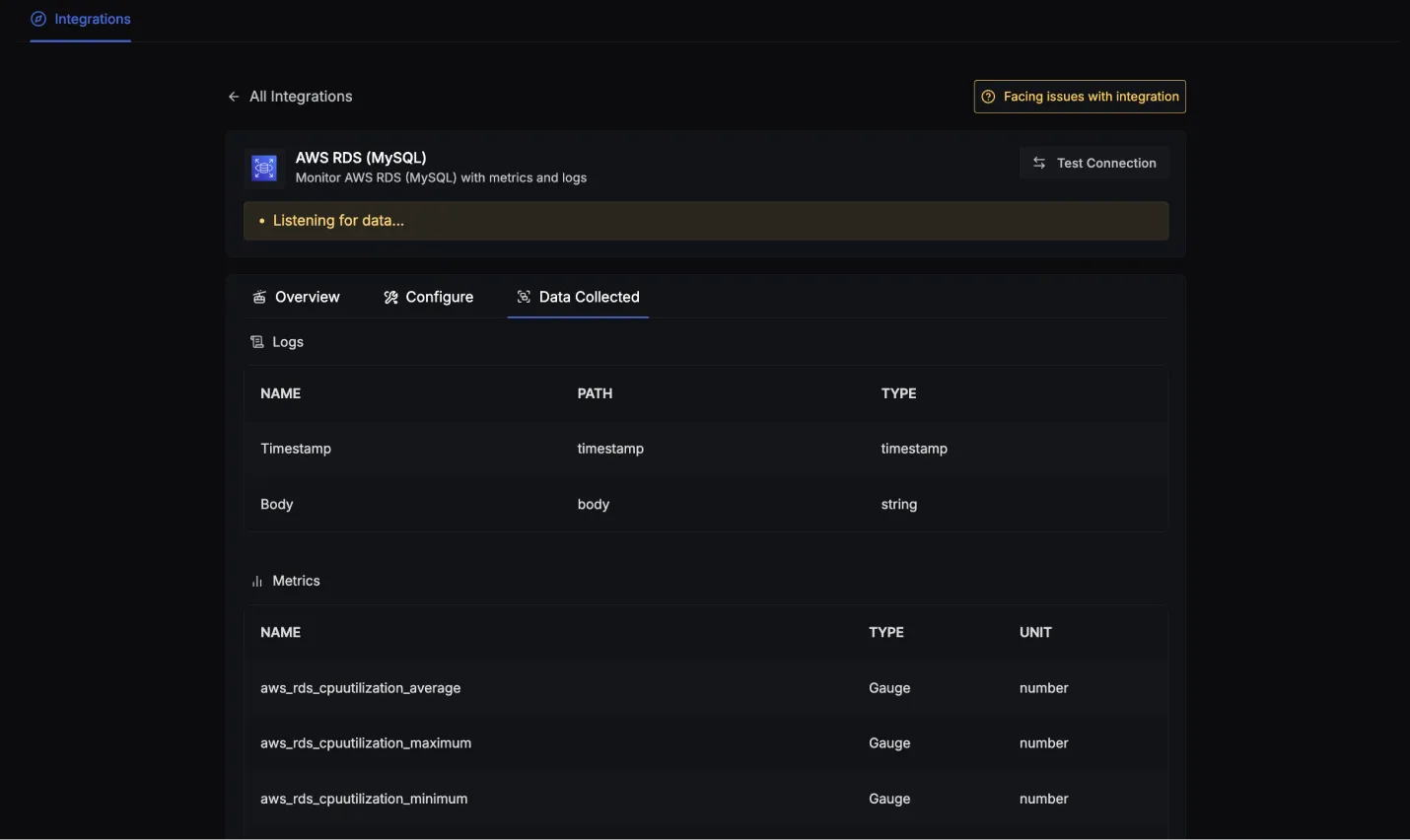 Log attributes and metrics details for AWS RDS (MySQL)