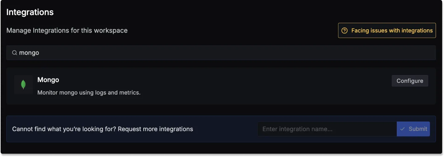 Search for MongoDB in Integrations tab