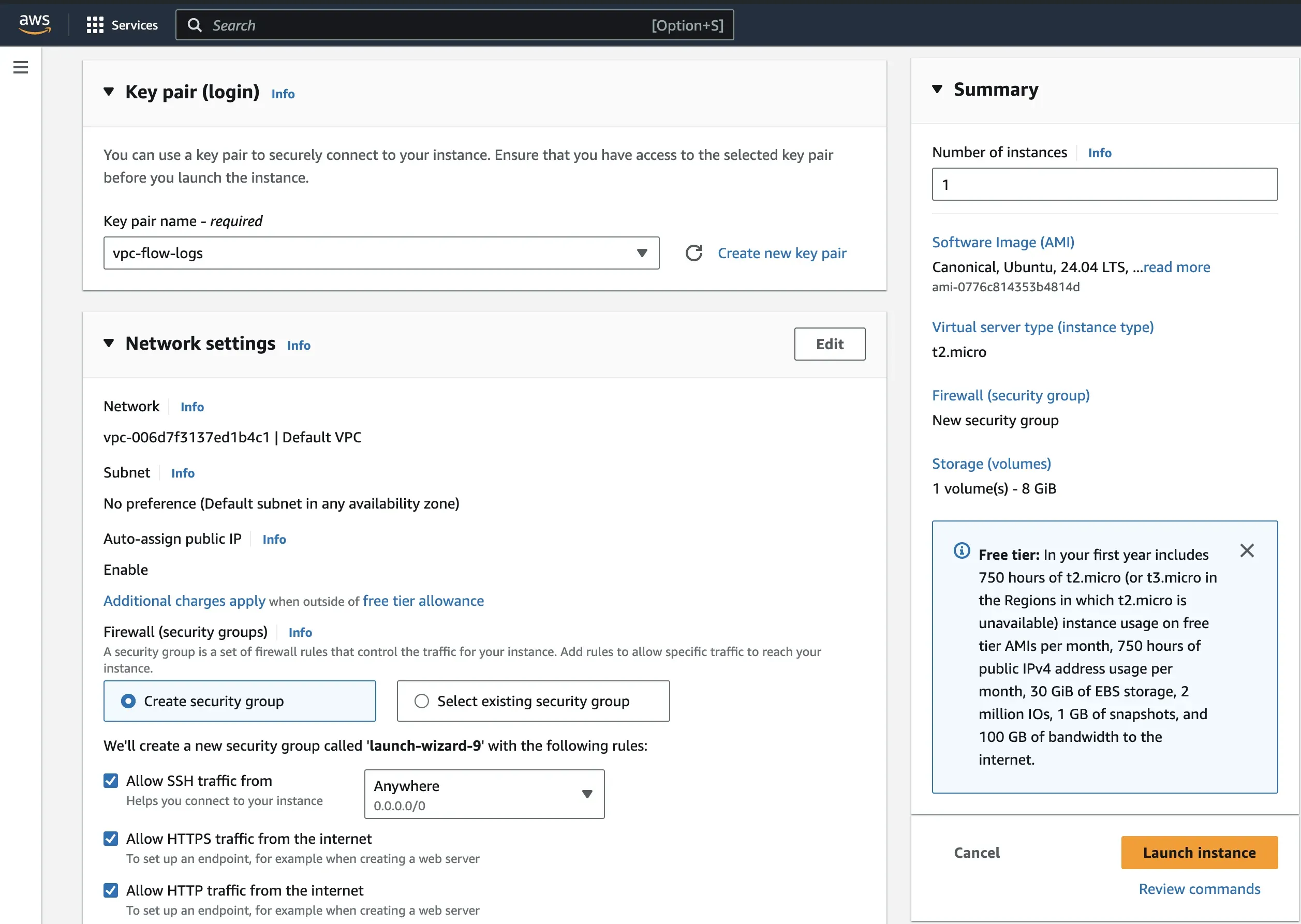 Network settings for the instance