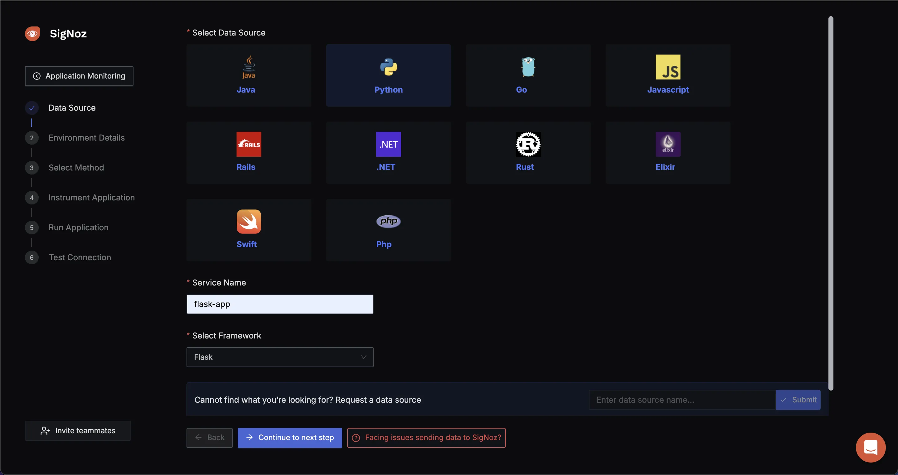 SigNoz Application Monitoring (Select Data Source)