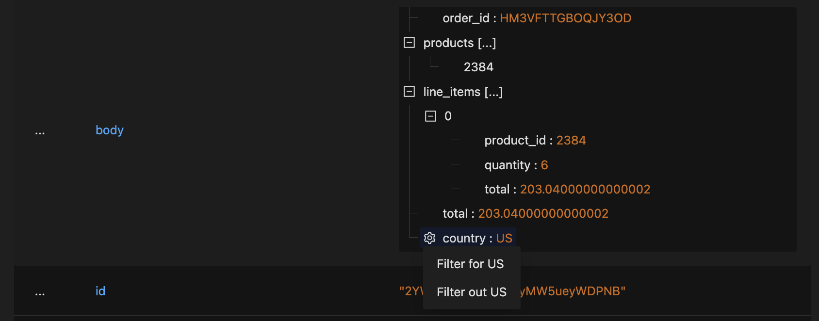 Structured display of a log body containing serialized JSON for an e-commerce Order